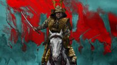 A screenshot of a promotional image for FX's Shogun TV show, which shows Lord Toranaga brandishing a sword on horseback