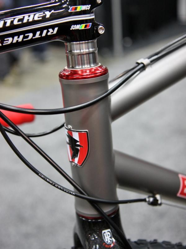 44mm-diameter head tubes were widespread at NAHBS such as on the front end of this Eriksen 'cross bike. Once solely used for zero stack fitments on straight 1 1/8" forks, new headsets from Cane Creek and now Chris King also allow for tapered forks to fit, too.