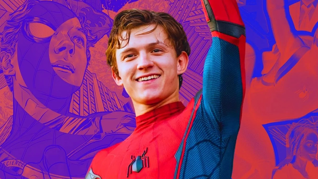 Tom Holland as Spider-Man infront of a comic book backdrop