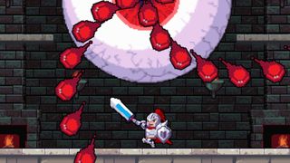 A knight battling a giant eye boss in Rogue Legacy.