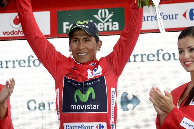 Nairo Quintana (Movistar) on the podium in the red jersey