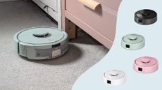 The iRobot Roomba Mini Robot Vacuum & Mop vacuuming carpets next to four images of the vacuum in different colours