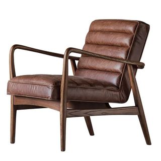Brown midcentury armchair with wooden arms and legs.