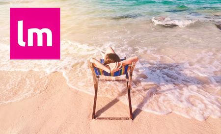 last minute logo with an image of a woman on a beach chair on the beach right next to the sea