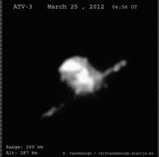 Skywatcher Ralf Vandebergh sent this image of the ATV-3 spacecraft on its way to the International Space Station, taken March 25, 2012. He writes: " ... solar panels visible from a low angle. Obtained using a 10inch reflector and manually tracking."
