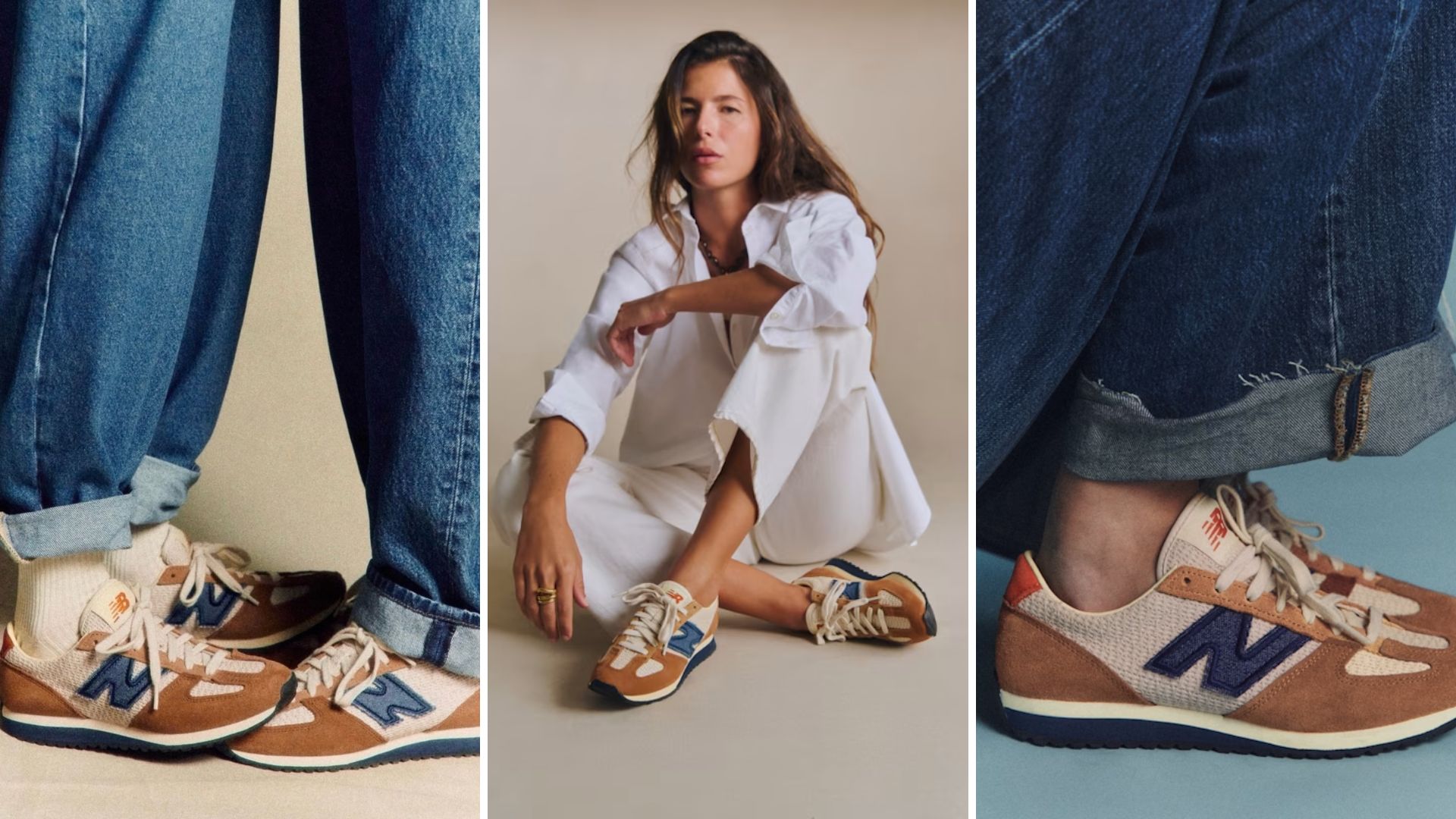 3 model images of the Sezane x New Balance trainers 