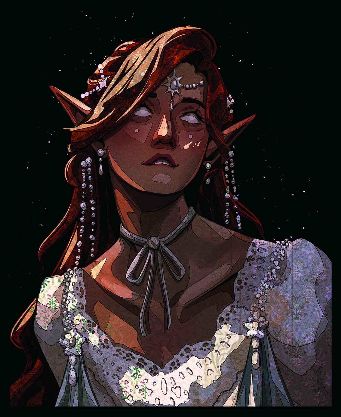 Digital character art that takes influences from Art Nouveau showing a female figure with elf ears