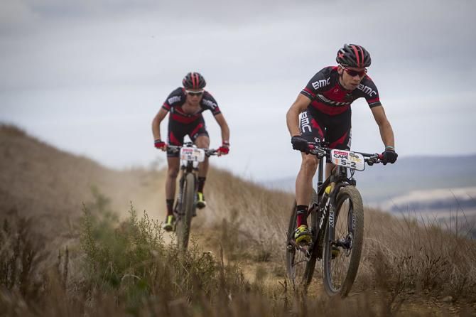 Martin Fanger and Lukas Fluckiger of Team BMC get second place in the prologue