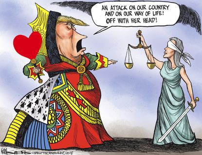 Political cartoon U.S. Trump Queen of Hearts blind justice Mueller investigation Russia Michael Cohen FBI raid