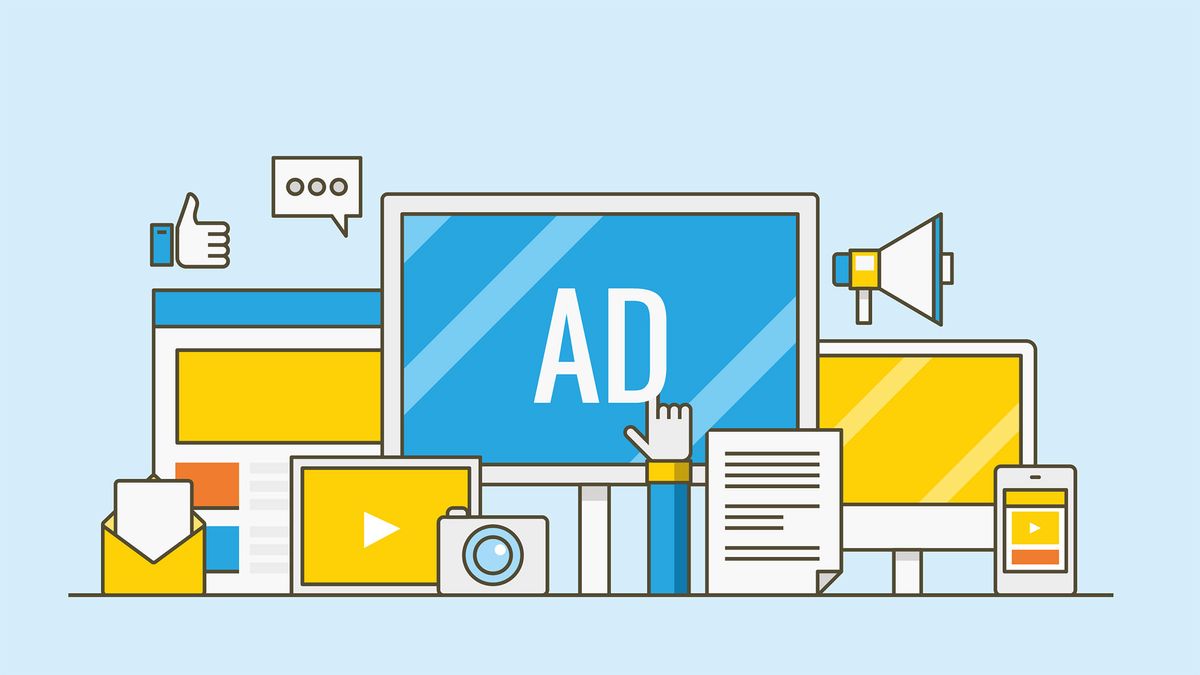 An illustration of various digital devices displaying things like video or other media, whith a large desktop screen that has the word ad on it and a person is clicking on the advert