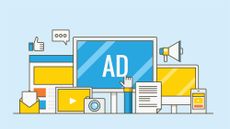 An illustration of various digital devices displaying things like video or other media, whith a large desktop screen that has the word ad on it and a person is clicking on the advert