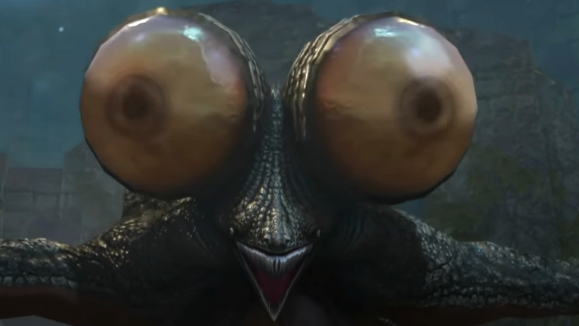 Une image du Basilic de Dark Souls, une créature horrible ressemblant à une grenouille avec un ensemble de faux yeux bulbeux.