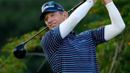 Brad Faxon hits a tee shot at the 2020 PGA Tour Champions Timber Tech Championship at The Old Course at Broken Sound