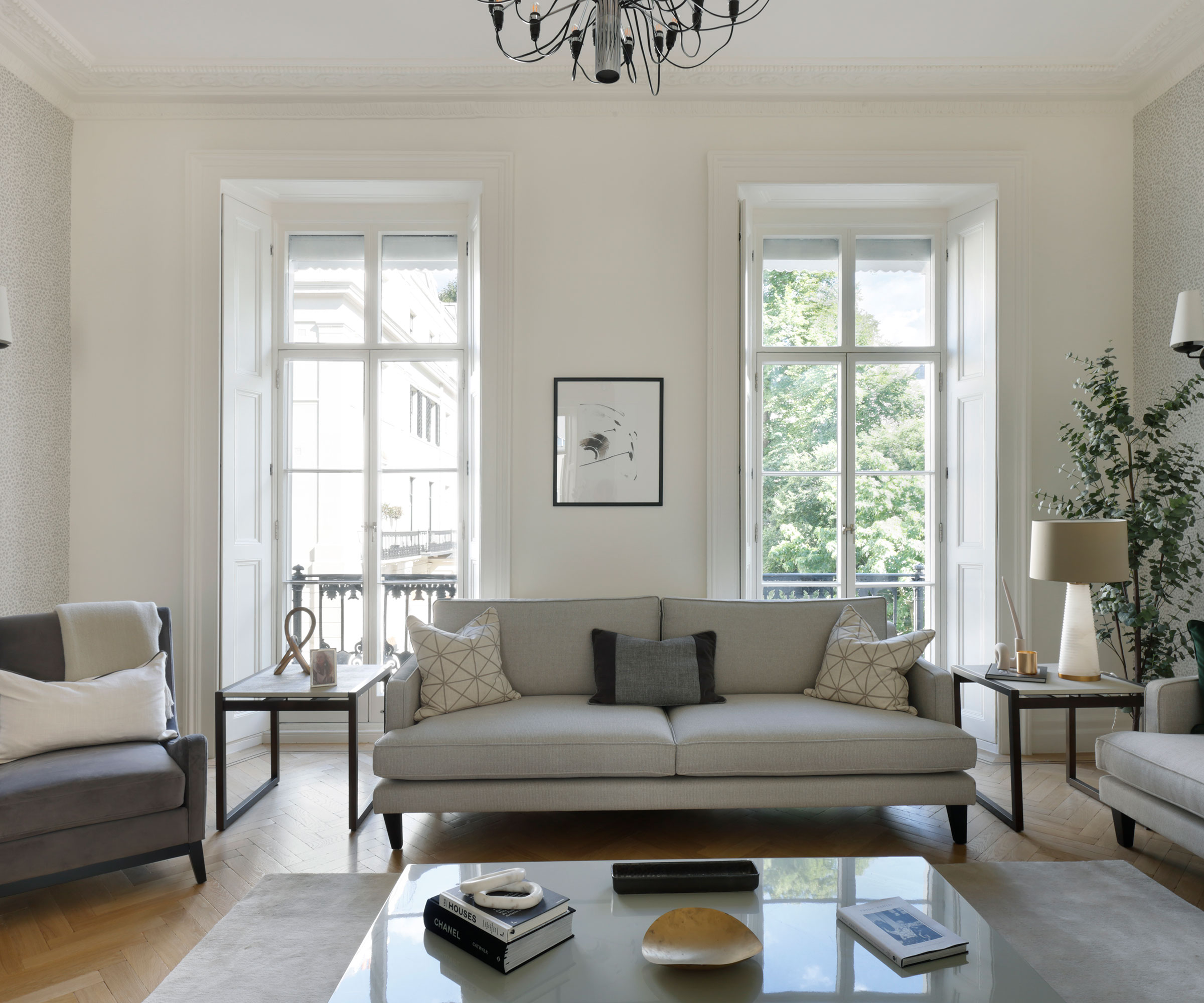 elegant living room in period townhouse with timber French doors