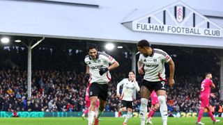 Raul Jimenez of Fulham celebrates with teammate Rodrigo Muniz after scoring his team's first goal from the penalty-spot during the Premier League match between Fulham FC and Ipswich Town FC at Craven Cottage on January 05, 2025 in London, England.