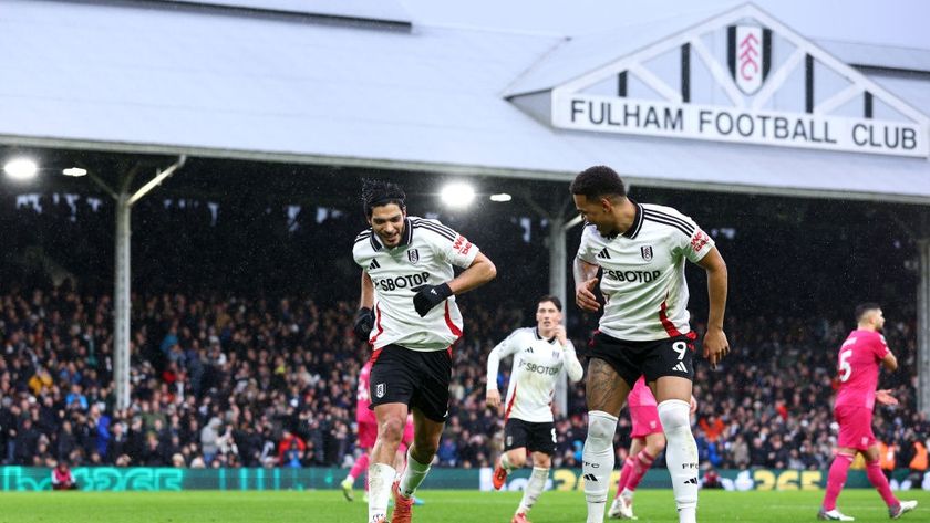 Raul Jimenez of Fulham celebrates with teammate Rodrigo Muniz after scoring his team&#039;s first goal from the penalty-spot during the Premier League match between Fulham FC and Ipswich Town FC at Craven Cottage on January 05, 2025 in London, England.