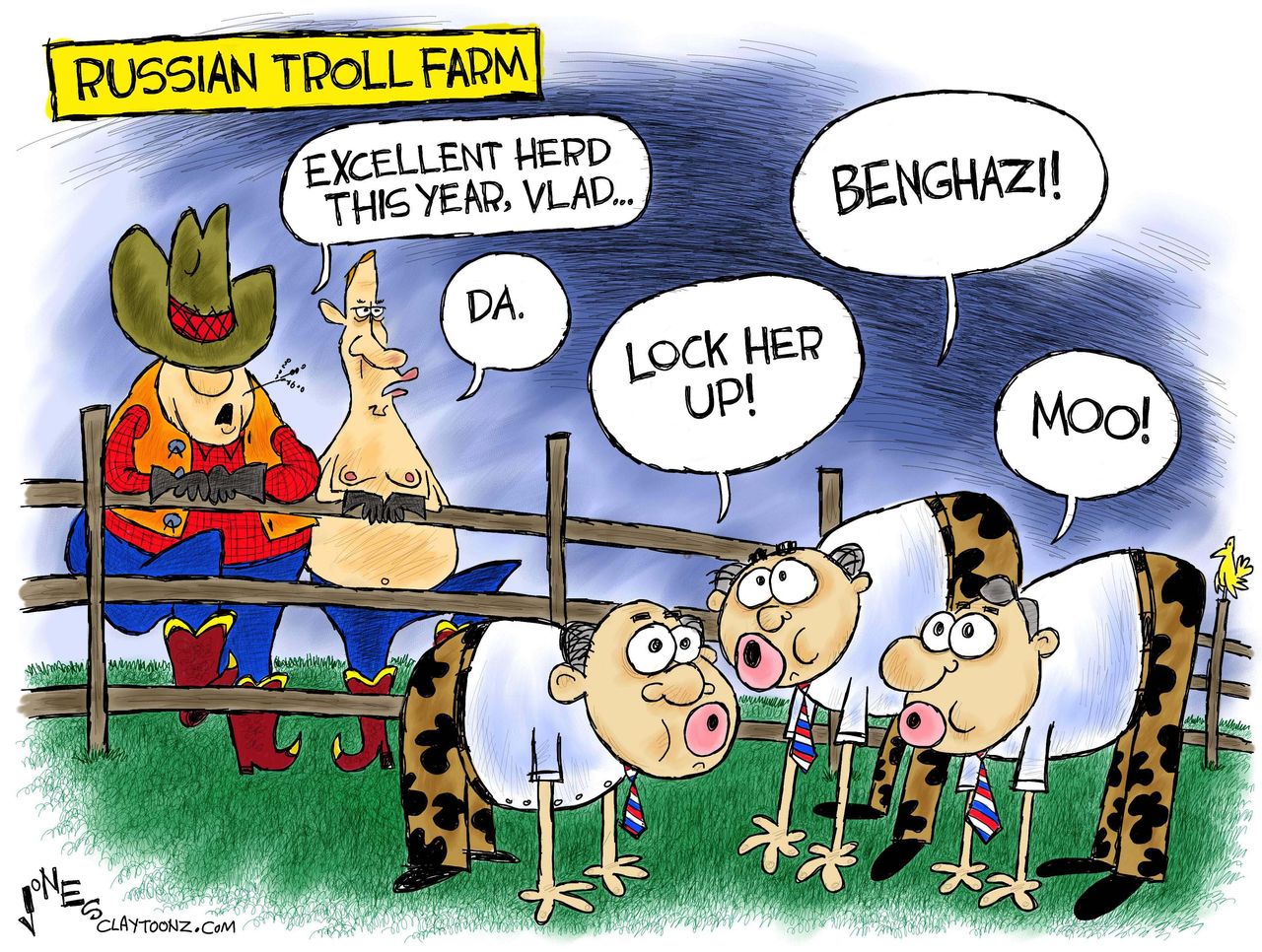 Political cartoon U.S. Russia 2016 election meddling Facebook troll farm