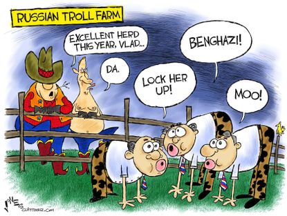 Political cartoon U.S. Russia 2016 election meddling Facebook troll farm