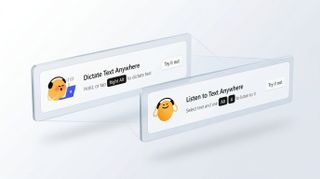 A stylized, 3D exploded view of the Speechify Voice AI interface. Two translucent, glass-like cards float in perspective, one highlighting "Dictate Text Anywhere" with its Right Alt shortcut, and the other showing "Listen to Text Anywhere" with its Alt plus A shortcut.