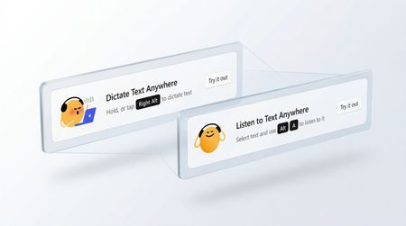 A stylized, 3D exploded view of the Speechify Voice AI interface. Two translucent, glass-like cards float in perspective, one highlighting "Dictate Text Anywhere" with its Right Alt shortcut, and the other showing "Listen to Text Anywhere" with its Alt plus A shortcut.