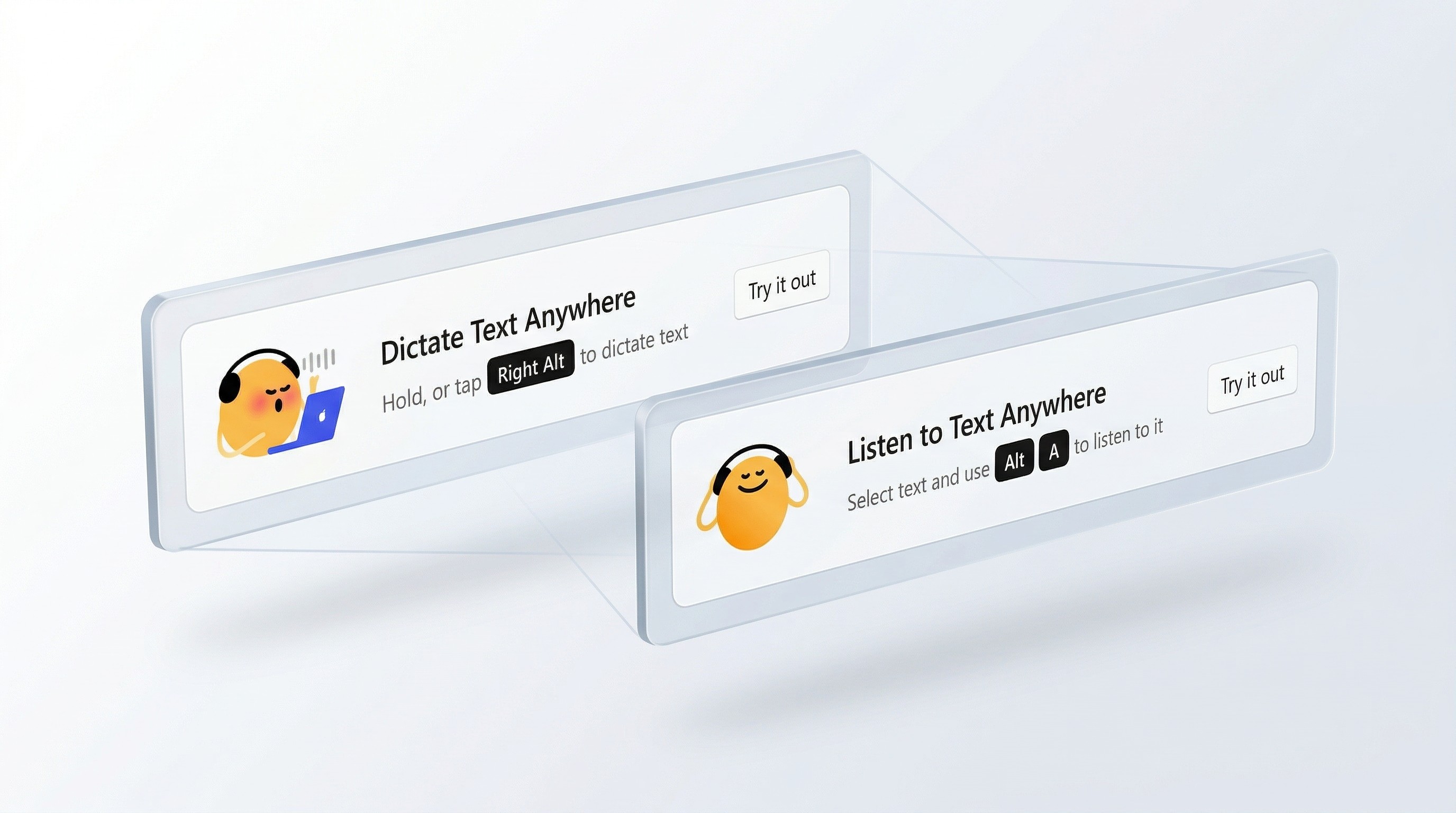 A stylized, 3D exploded view of the Speechify Voice AI interface. Two translucent, glass-like cards float in perspective, one highlighting "Dictate Text Anywhere" with its Right Alt shortcut, and the other showing "Listen to Text Anywhere" with its Alt plus A shortcut.