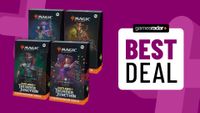 Deals image with dark purple background showing all four MTG Outlaws of Thunder Junction Commander decks 