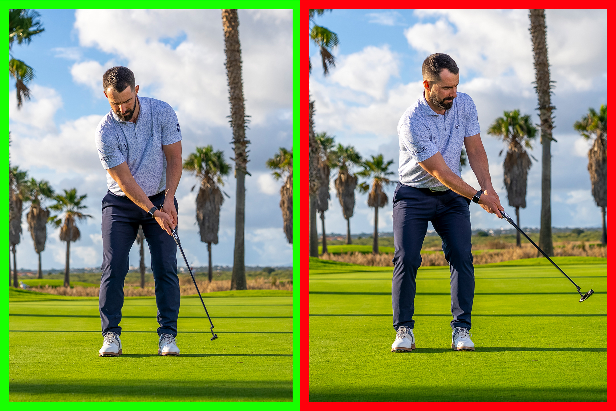 James Jankowski demonstrating the correct putting technique for the stroke, surrounded in green, and also demonstratng a common mistake with the putting stroke, surrounded in red