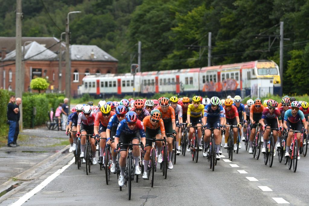 LIEGE BELGIUM AUGUST 14 A general view of the peloton competing during the 3rd Tour de France Femmes 2024 Stage 4 a 1227km stage from Valkenburg to Liege UCIWWT on August 14 2024 in Liege Belgium Photo by Alex BroadwayGetty Images