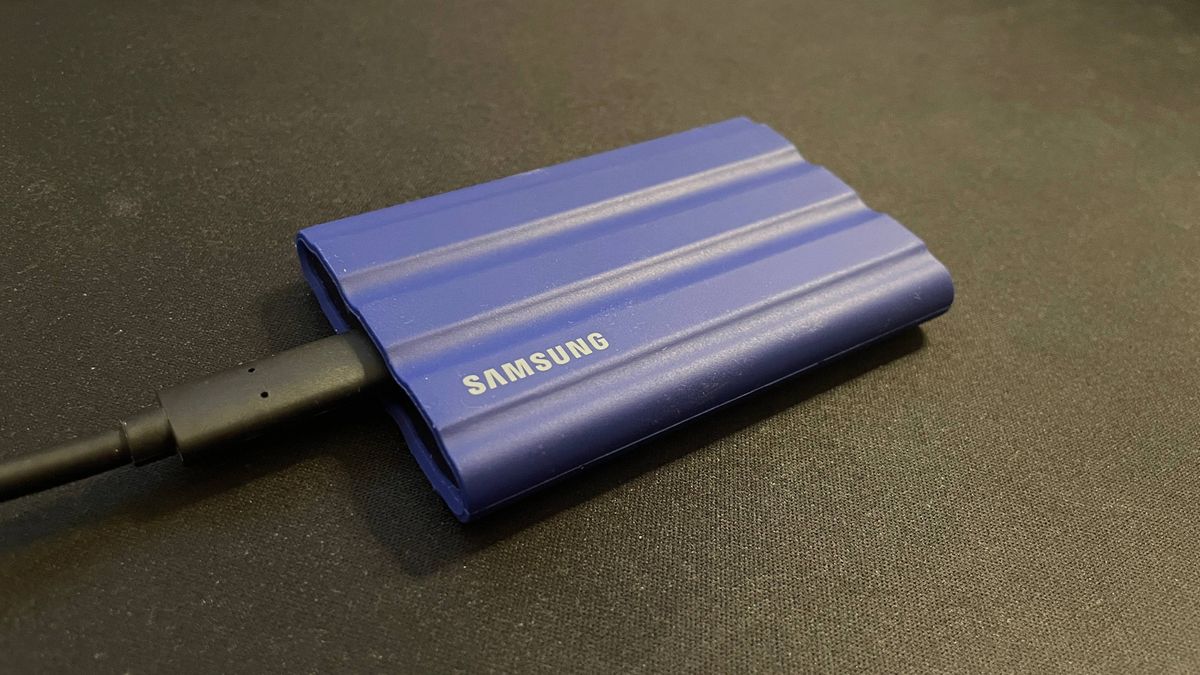 Samsung T7 Shield external SSD plugged in
