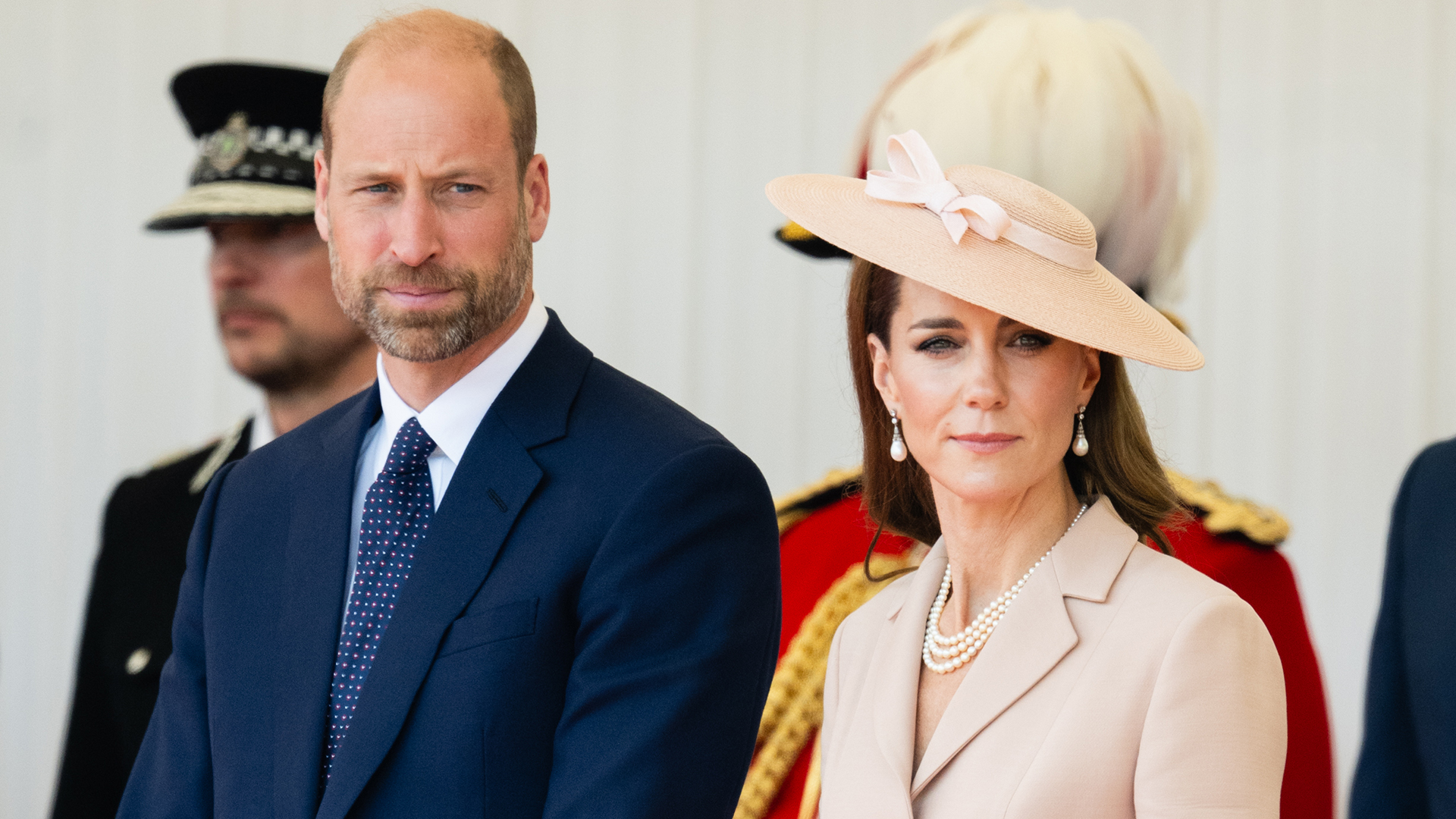 WINDSOR, ENGLAND - JULY 08: Prince William, Prince of Wales and Catherine, Princess of Wales on the Royal Dais at Datchet Road on July 08, 2025 in Windsor, England. President Emmanuel Macron and Mrs Brigitte Macron visit the UK in the first visit State Visit made by France in 17 years. They are staying at Windsor Castle, hosted by King Charles III and Queen Camilla, and a banquet will be held there in their honour. The Macrons will visit Imperial College, and the President will address Parliament during his stay. (Photo by Samir Hussein/WireImage)