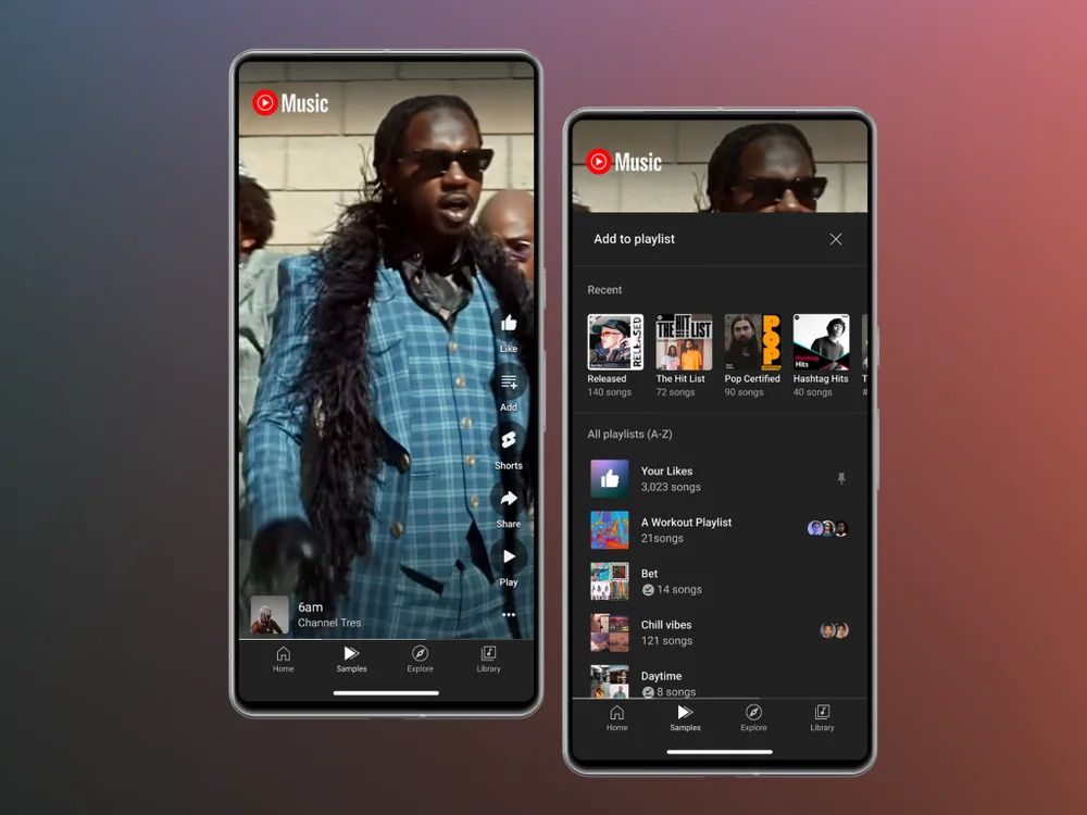 Adding a song to a playlist from the YouTube Music Samples tab