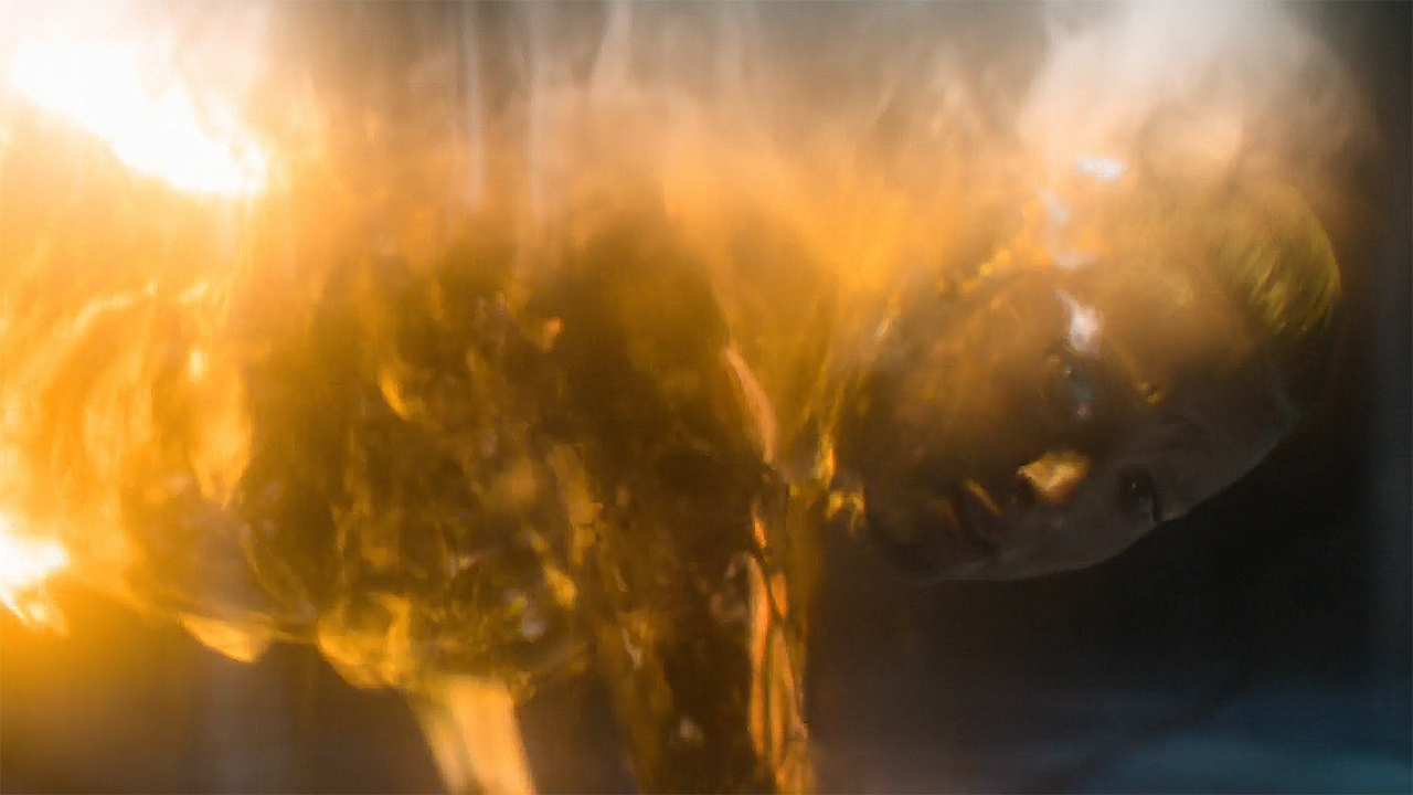 Demerzel being vaporized by the Ascension Chamber light beam in Foundation season 3 episode 10