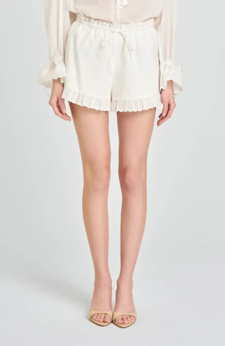 WAYF, Helena Eyelet Ruffle Stretch Cotton Shorts