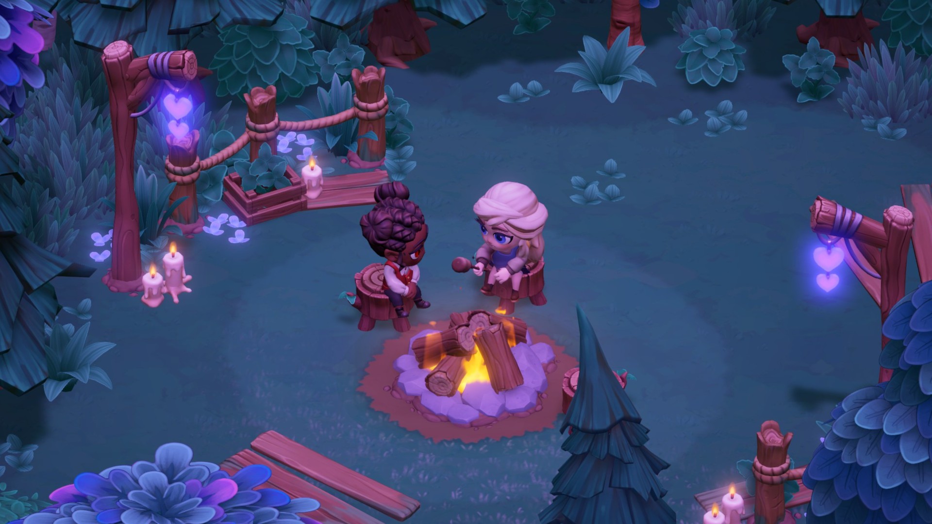 Moonlight Peaks - Elvira and the player sit together at a campfire