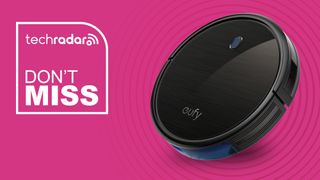 eufy BoostIQ RoboVac 11S (Slim) on a pink background with a caption saying "DON'T MISS"