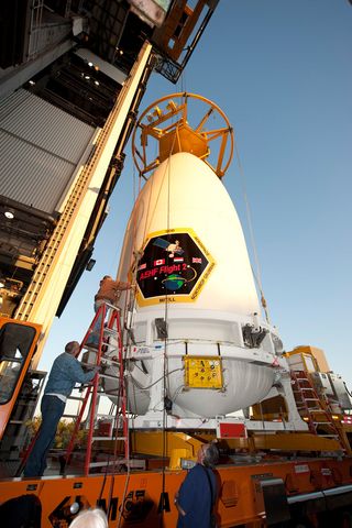 The Advanced Extremely High Frequency 2 satellite, AEHF 2, is shown encapsulated in its nose cone fairing just before being mated to its Atlas 5 rocket ahead of a May 2012 launch from Cape Canaveral Air Force Station in Florida.