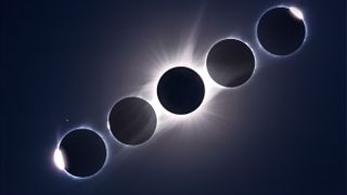 A composite of the August 21, 2017 total eclipse of the Sun, showing the second and third contact diamond rings and Baily’s Beads at the start left and end right of totality, flanking a composite image of totality itself The diamond ring and Baily’s Beads images are single images The totality images is a blend of 12 exposures from 1/1600 sec to 1 second, stacked as a smart object and combined using the Mean stack mode to blend the images Several High Pass filter layers were added to sharpen and increase the contrast in the coronal structures Regulus is the star at lower left Placement of the images only roughly matches the actual position and path of the Sun across the sky However, the time sequence runs from left to right All taken through the 106mm Astro-Physics Traveler refractor with a 085x reducer/flattener, yielding f/5 at 500mm focal length, wide enough to capture Regulus at left All with the Canon 6D MkII camera at ISO 100 Shot from a site in the Teton Valley, Idaho, north of Driggs. (Photo by: Alan Dyer/VW Pics/UIG via Getty Images)