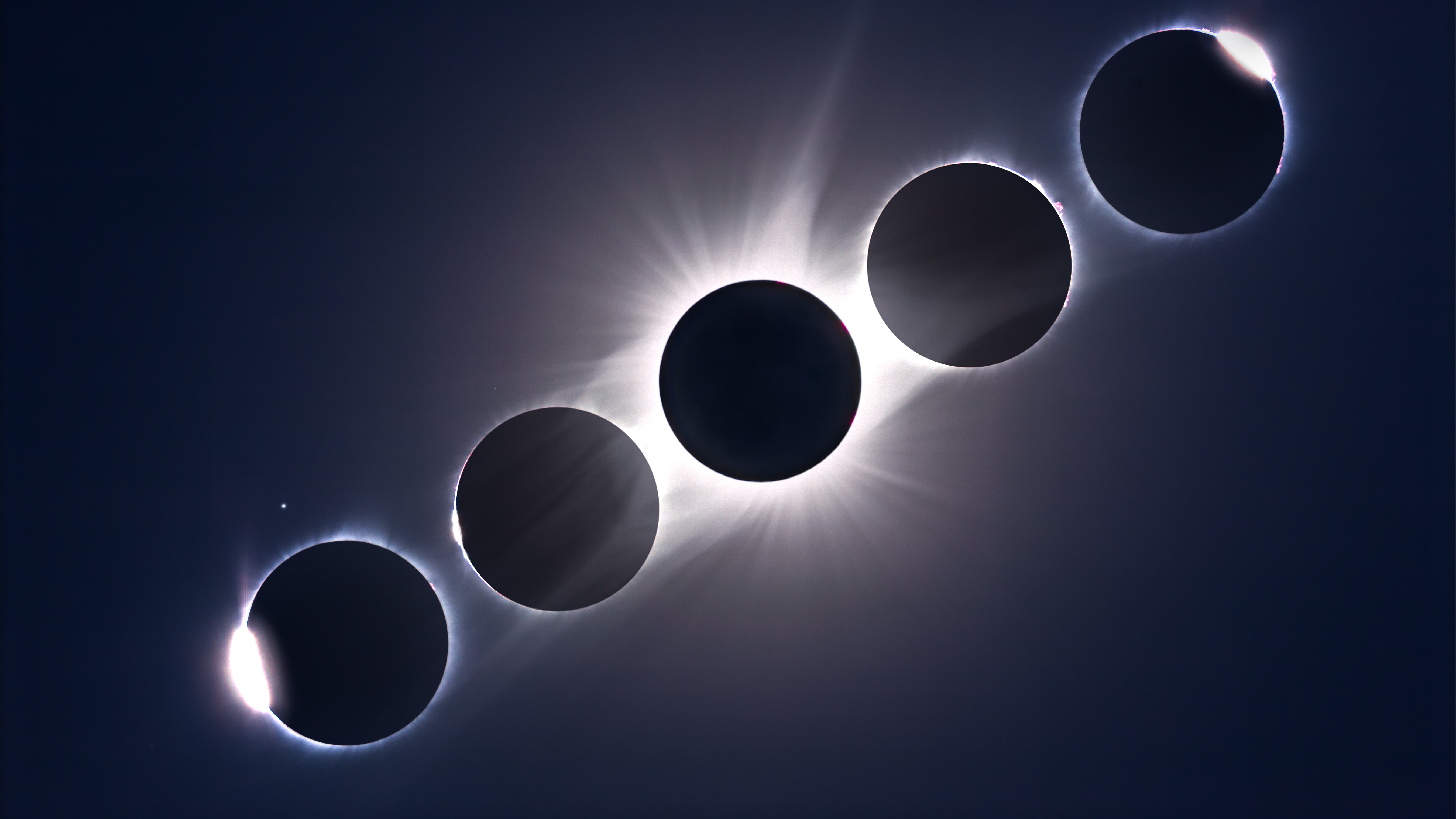 A composite of the August 21, 2017 total eclipse of the Sun, showing the second and third contact diamond rings and Baily&amp;rsquo;s Beads at the start left and end right of totality, flanking a composite image of totality itself The diamond ring and Baily&amp;rsquo;s Beads images are single images The totality images is a blend of 12 exposures from 1/1600 sec to 1 second, stacked as a smart object and combined using the Mean stack mode to blend the images Several High Pass filter layers were added to sharpen and increase the contrast in the coronal structures Regulus is the star at lower left Placement of the images only roughly matches the actual position and path of the Sun across the sky However, the time sequence runs from left to right All taken through the 106mm Astro-Physics Traveler refractor with a 085x reducer/flattener, yielding f/5 at 500mm focal length, wide enough to capture Regulus at left All with the Canon 6D MkII camera at ISO 100 Shot from a site in the Teton Valley, Idaho, north of Driggs. (Photo by: Alan Dyer/VW Pics/UIG via Getty Images)