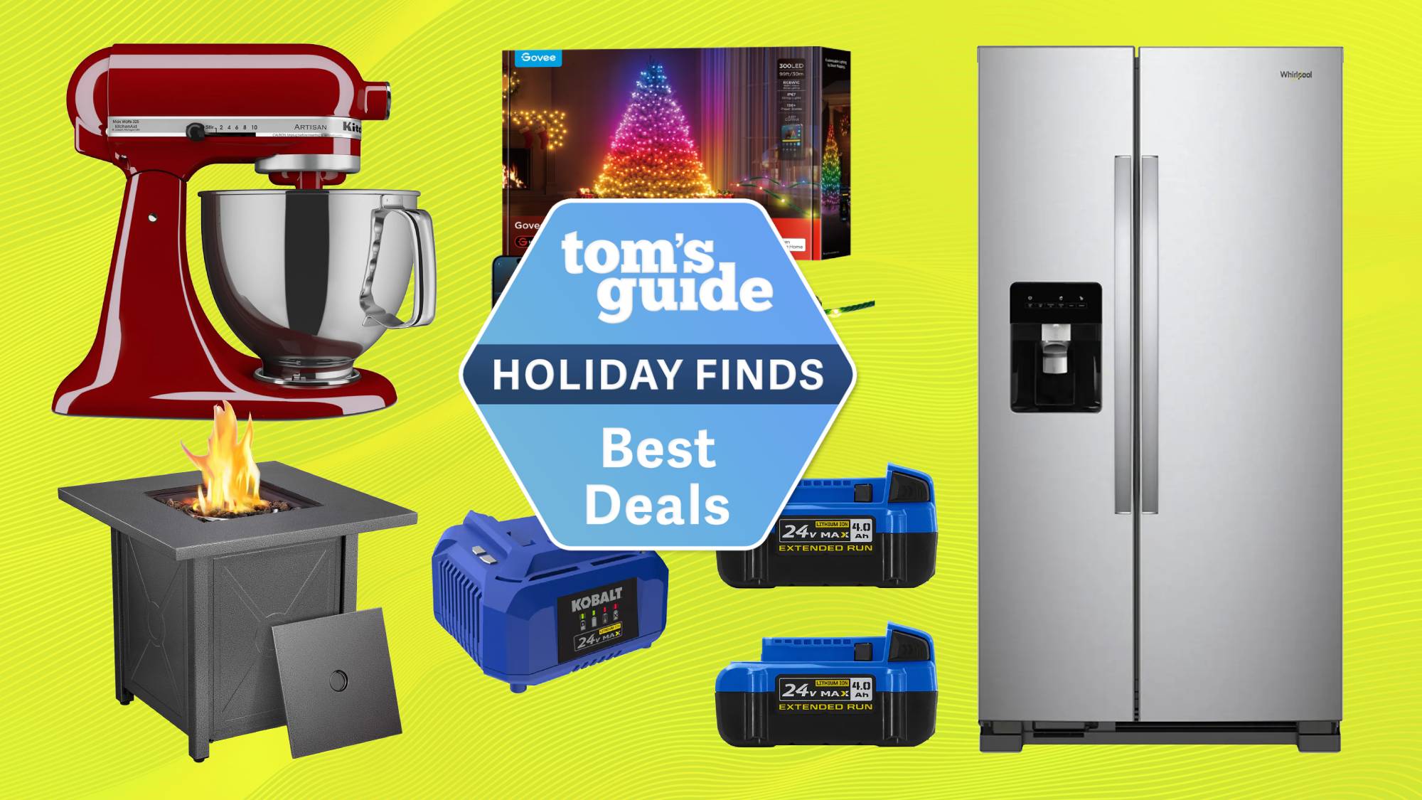 Compilation showing KitchenAid mixer, Cowsar fire pit, Kobalt batteries, Govee smart lights, Whirlpool refrigerator