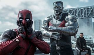 Deadpool shocked in front of Colossus and Negasonic Teenage Warhead on the bridge