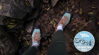 a photo of the keen jasper zionic hiking shoes being worn on a hike with a tom's guide presidents' day deals badge