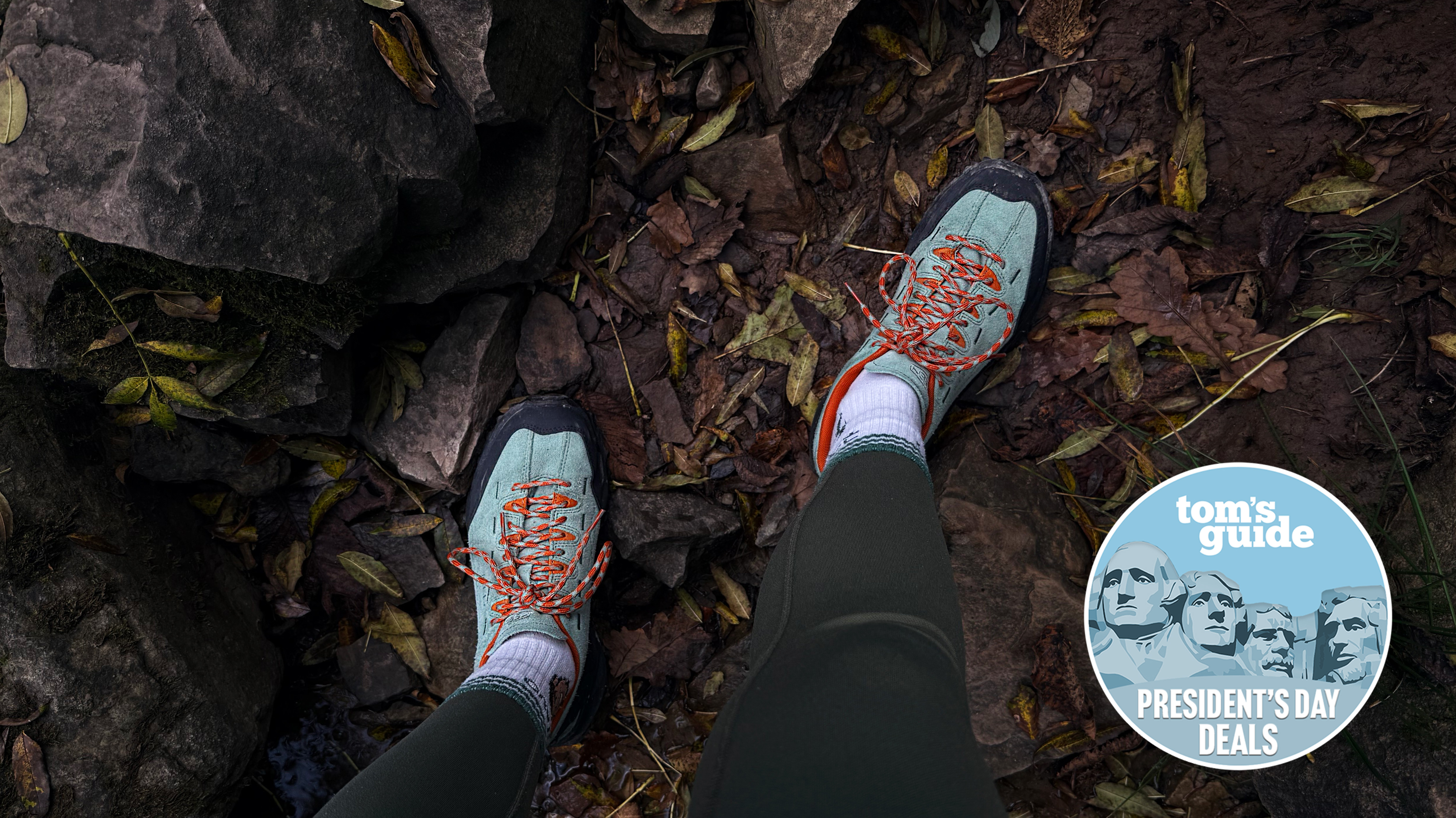 a photo of the keen jasper zionic hiking shoes being worn on a hike with a tom's guide presidents' day deals badge