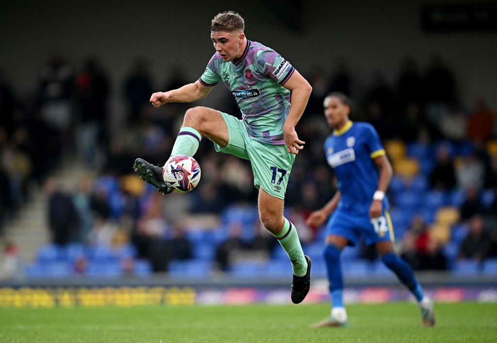 Harrison Neal of Carlisle United during the Sky Bet League Two match between AFC Wimbledon and Carlisle United at The Cherry Red Records Stadium on October 12, 2024 in Wimbledon, England.