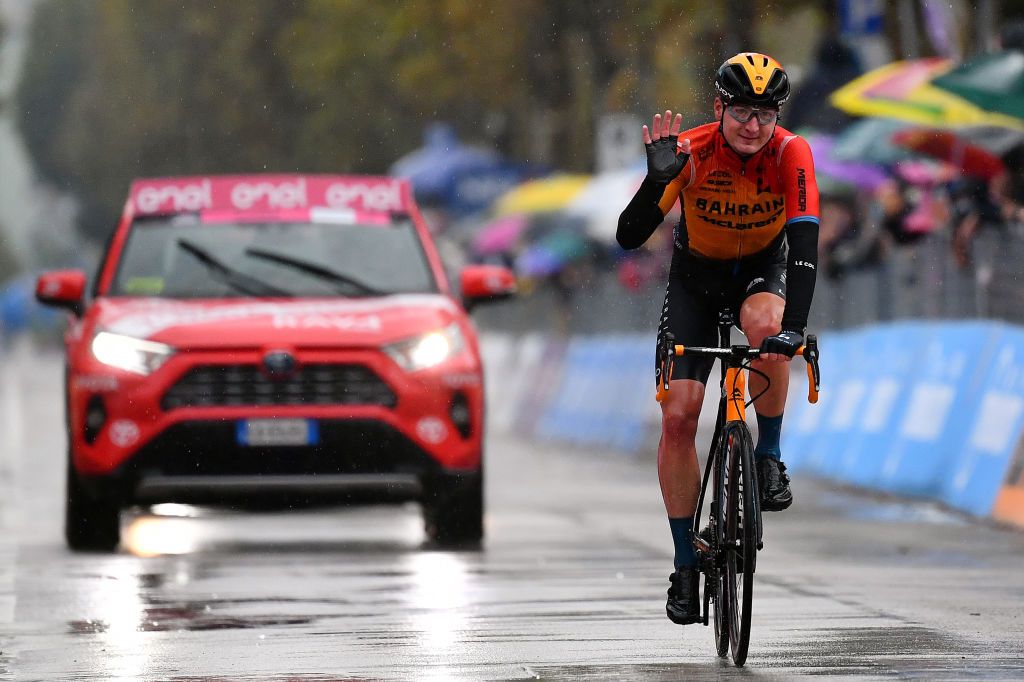 CESENATICO ITALY OCTOBER 15 Arrival Mark Padun of Ukraine and Team Bahrain Mclaren during the 103rd Giro dItalia 2020 Stage Twelve a 204km stage from Cesenatico to Cesenatico girodiitalia Giro on October 15 2020 in Cesenatico Italy Photo by Stuart FranklinGetty Images
