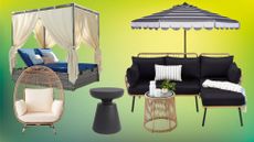 Outdoor furniture. A daybed, a wicker chair, a sofa, a side table and an outdoor umbrella 