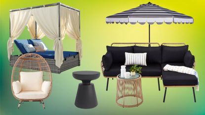 Outdoor furniture. A daybed, a wicker chair, a sofa, a side table and an outdoor umbrella 