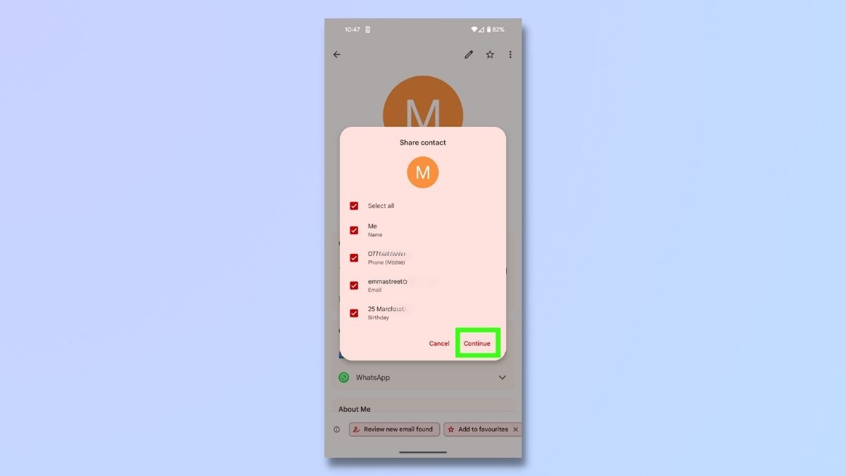 Снимок экрана, показывающий, как поделиться контактной информацией на телефоне Android: выберите «Подробнее».