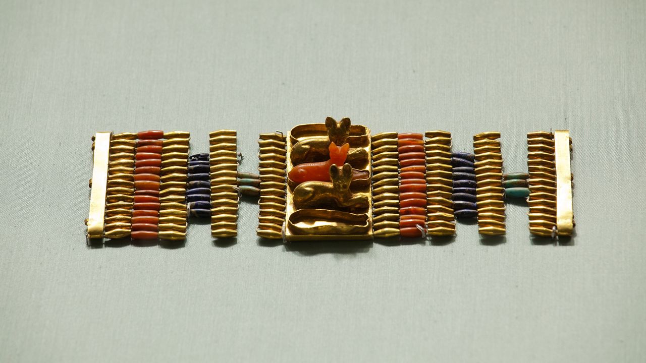 Cuff bracelets decorated with cats, dating to Egypt's New Kingdom (1479&ndash;1425 B.C.).