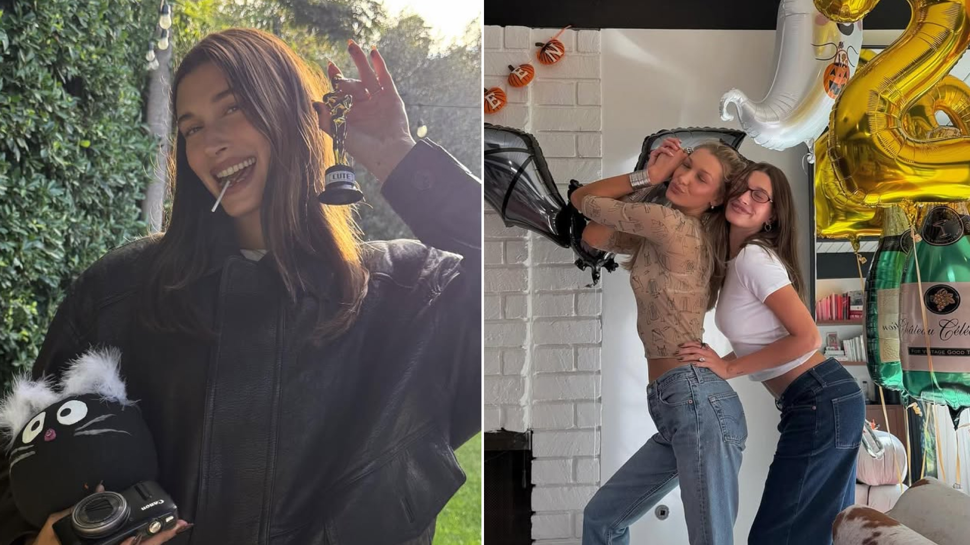 Hailey Bieber wears Gap jeans and a Saint Laurent bomber jacket at Bella Hadid&#039;s birthday party