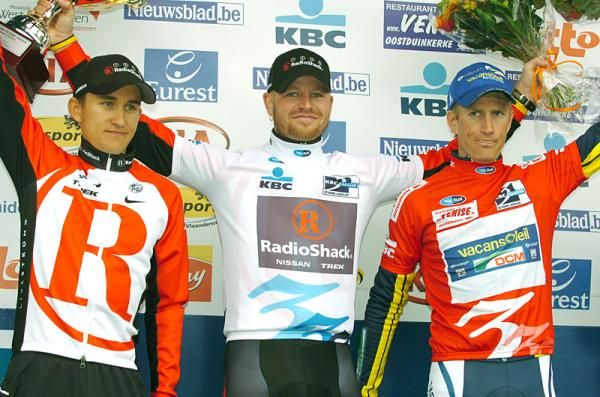 Three Days of De Panne final podium (l-r): Michal Kwiatkowski (RadioShack), S&eacute;bastien Rosseler (RadioShack), Lieuwe Westra (Vacansoleil - DCM)